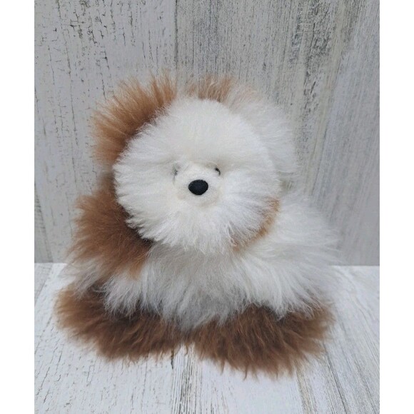 Alpaca Fur Teddy Bear Toy Soft 8” Plush Stuffed Animal Toy Fluffy Brown White - Picture 2 of 10